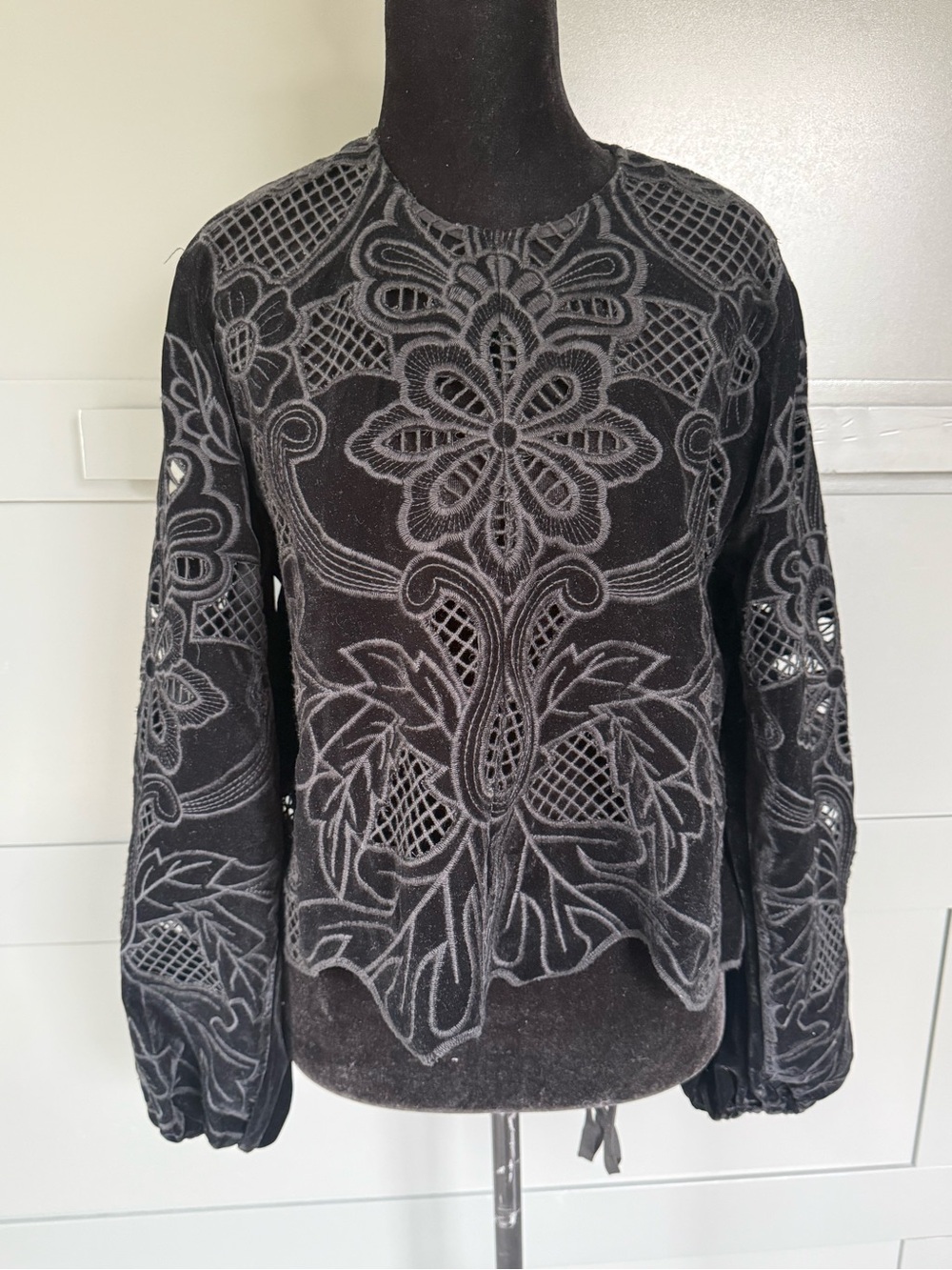 Zara Black Velvet Floral Embroidered Scoop-Neck Sweater